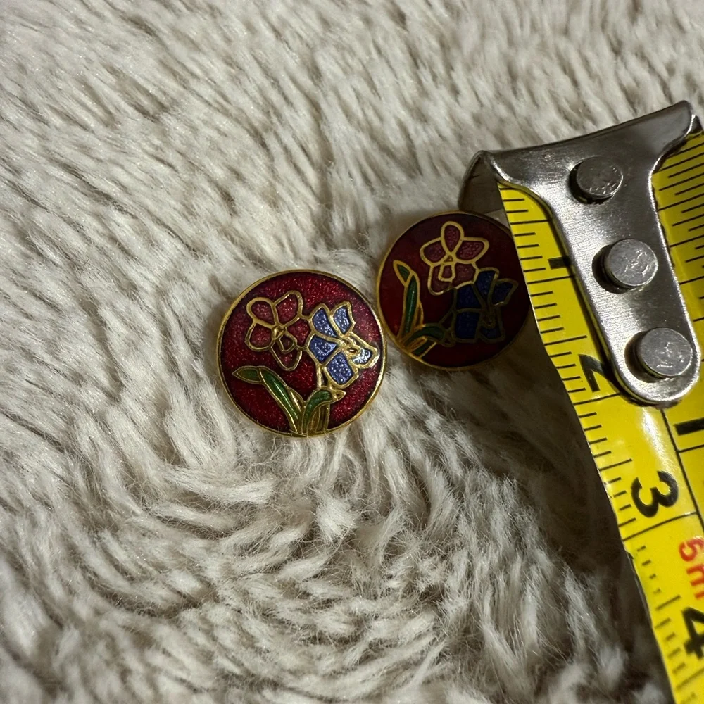 Vintage Cloisonné Enamel Floral Studs Circle‎ Shape Gold Tone Earrings Red Blue